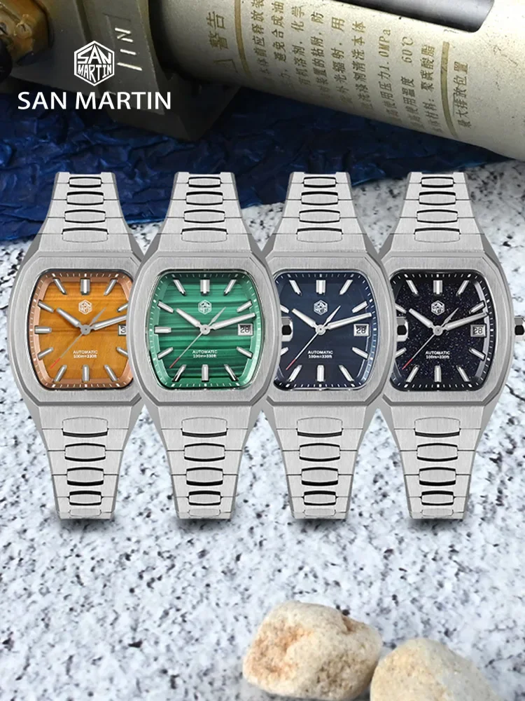 San Martin SN0145 39.5mm Men Dive Watch Tonneau Luxury Mineral Dial PT5000 SW200 Automatic Mechanical Sapphire Luminous Watches