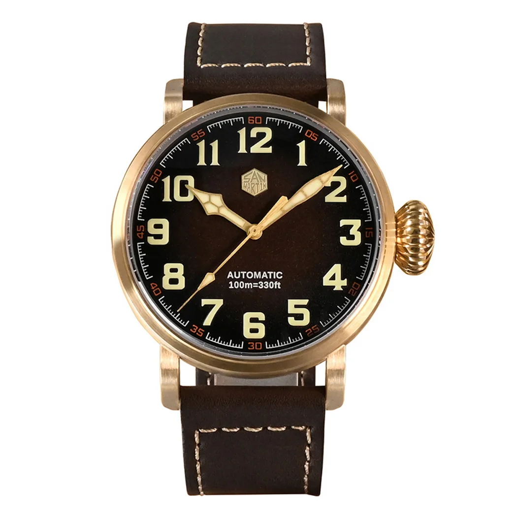 San Martin Men Pilot Watch Luxury 45mm Bronze Automatic Mechanical Wristwatch 100M Waterproof C3 Luminous Onion Crown YN55A