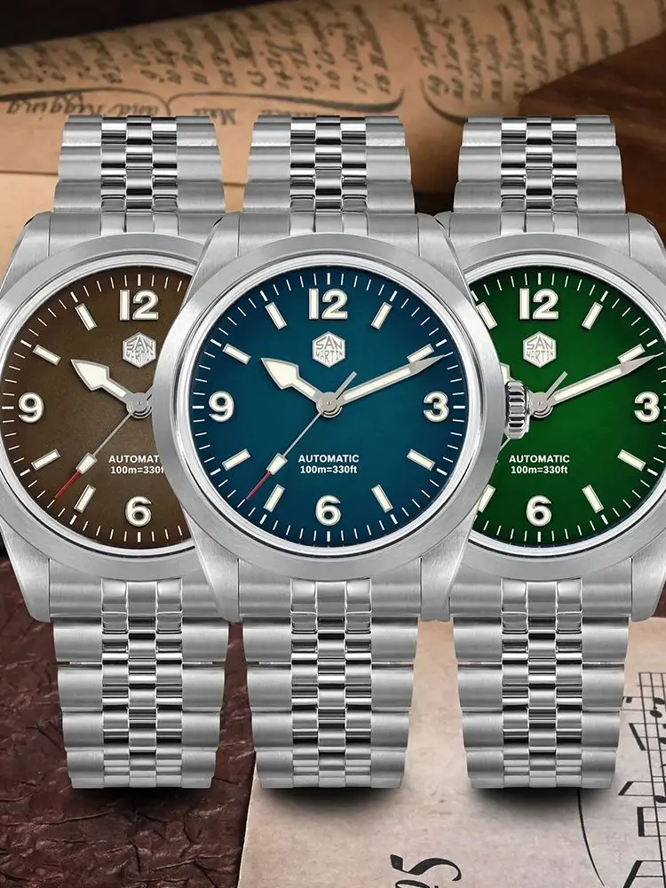 San Martin 38mm Watch For Men 5-Link Bracelet PT5000/SW200 Mechanical Wristwatch Luxury BGW-9 Lume 100m Waterproof SN0107B