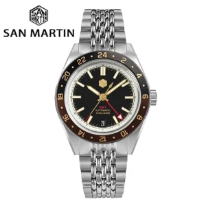 San Martin New 39.5mm NH34 GMT Men Watch Bidirectional Aluminum Bezel Luxury Automatic Mechanical Sapphire 10Bar Luminous SN0116