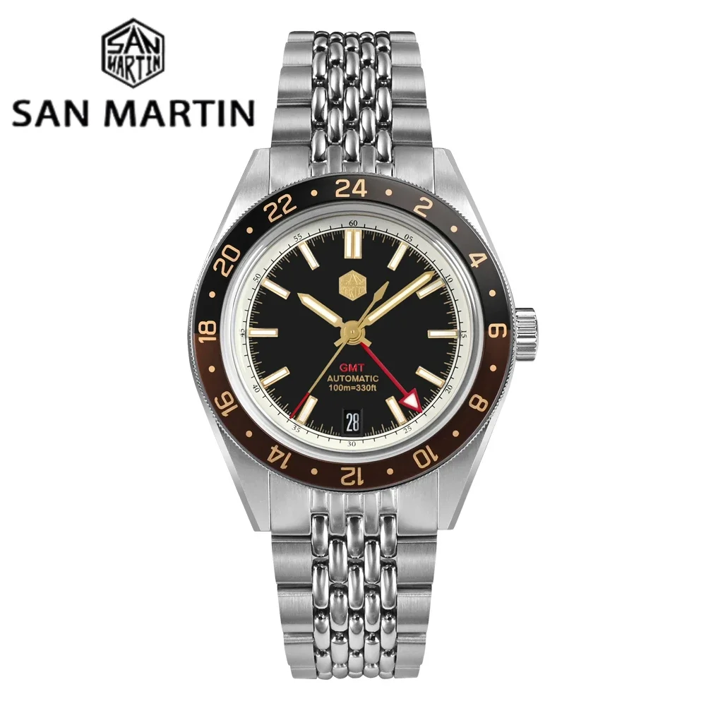 San Martin New 39.5mm NH34 GMT Men Watch Bidirectional Aluminum Bezel Luxury Automatic Mechanical Sapphire 10Bar Luminous SN0116
