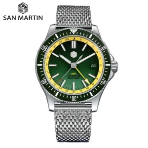 San Martin Original 41mm GMT 3H Date Automatic NH34 Wristwatch Mesh Bracelet Sapphire 200m Waterproof Relogios Masculino SN0119