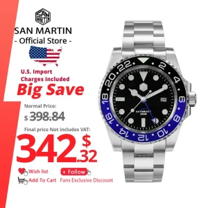 San Martin Luxury GMT Hangzhou 6460 Men Automatic Mechanical Watch Business Sports Waterproof 200m Sapphire Full Luminous SN0016