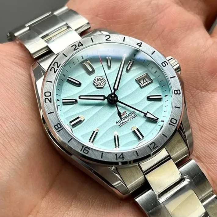 San Martin Men GMT Watch 39mm Automatic Mechanical Wristwatch Diving 10ATM Waterproof BGW-9 Luminous Sapphire NH34 Steel Bezel