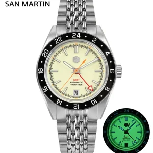 San Martin New 39.5mm NH34 GMT Automatic Mechanical Men Sports Watch Full Lume Dial Sapphire Date Waterproof 100m SN0116 Reloj