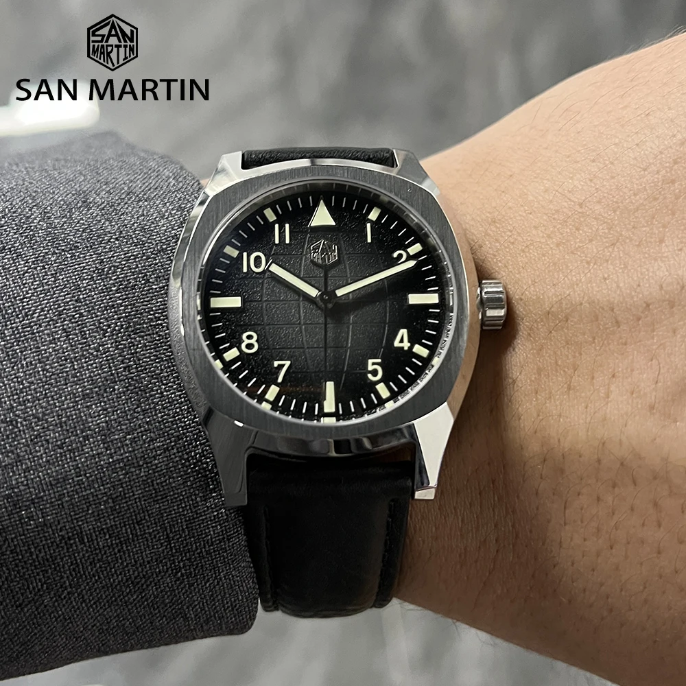 San Martin 38mm Sport Mens Watch Luxury Men Automatic Mechanical Wristwatch Original Design Grid Texture Dial 10Bar SN0026