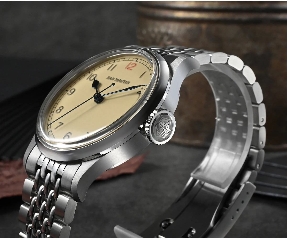 San Martin Men Luxury Watch 38.5MM Pilot Automatic Mechanical Wristwatch 10ATM Waterproof NH35 Luminous Baked Varnish Blue Hands