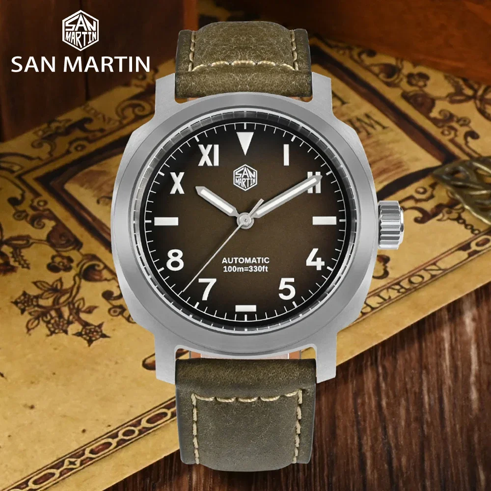 San Martin SN0065 40mm Men Watch YN55A Automatic Mechanical Movement Vintage Gradient Brown Dial Watches Sapphire Luminous