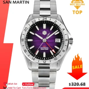 San Martin 39mm Purple Desert Texture Dial Luxury Men Dress Watch NH34 GMT Automatic Mechanical Waterproof 100m Luminous SN0129