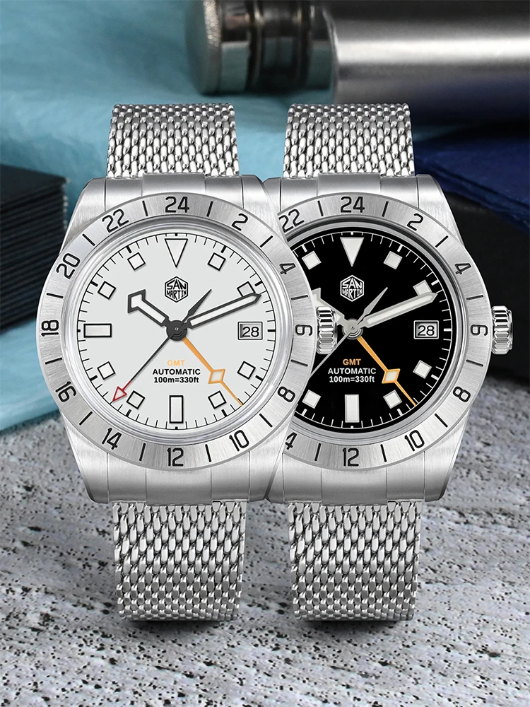 San Martin 39mm NH34 GMT Automatic Watch Luxury Wrist Clock Mesh Bracelet Quick Adjust Clasp 100m Waterproof Sapphire SN0135