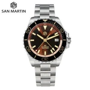 San Martin 39mm Retro Enamel Sunray Dark Brown Dial Men Automatic NH34 GMT Watch 20Bar Wristwatch SLN C3 Green Lume Dive SN0136