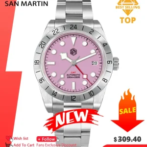 San Martin Pink Dial BB GMT NH34 39mm Classic Luxury Business Men Watch Automatic Mechanical Sapphire Waterproof Relojes SN0054