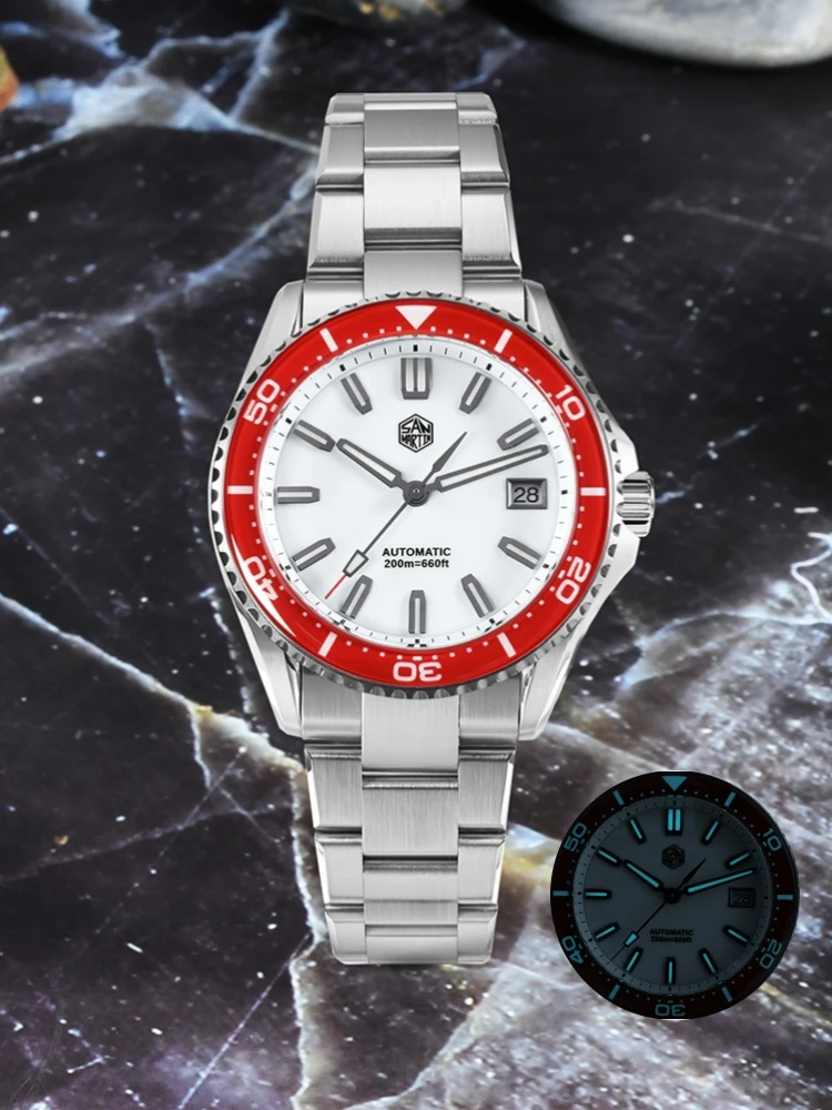 San Martin Sapphire Bezel Enamel DialNH35 Men Watch Sports 3H Date 20Bar Waterproof BGW-X1 / Orange Luminous Wristwatch SN0129D