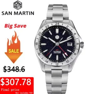 San Martin SN0129 39mm GMT Men Watch Aventurine Gemstone Dial NH34 Automatic Mechanical Sapphire Waterproof Luminous Watches