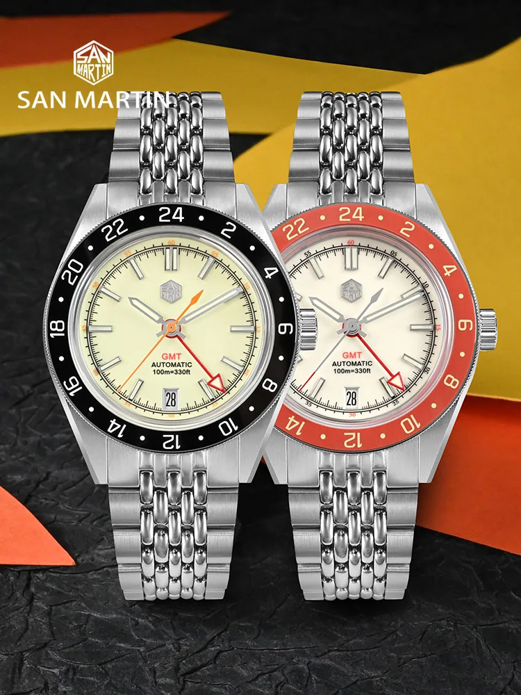 San Martin New 39.5mm NH34 GMT Automatic Mechanical Men Sports Watch Full Lume Dial Sapphire Date Waterproof 100m SN0116 Reloj