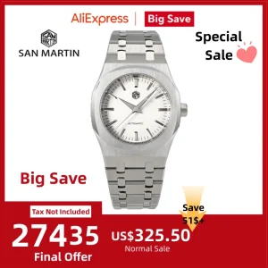 San Martin Oak 38.5mm Miyota 9015 Silver Dial Mechanical Watch For Men Self Winding Luxury Sapphire Bracelet 10Bar Sports SN0013