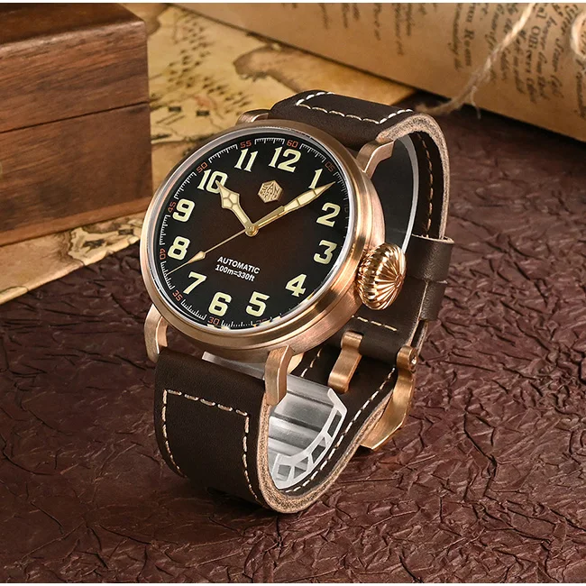 San Martin Men Pilot Watch Luxury 45mm Bronze Automatic Mechanical Wristwatch 100M Waterproof C3 Luminous Onion Crown YN55A - Image 3