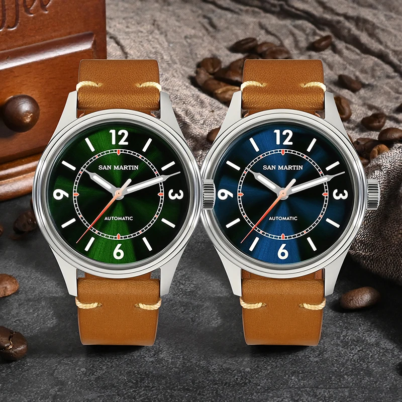 San Martin Men Automatic Watch Pilot Sport Mechanical Wristwatch Enamel Dial Sapphire 100M Waterproof BGW-9 Luminous NH35