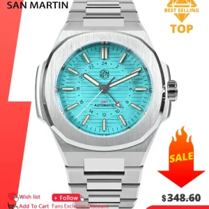 San Martin Mens Watch New 43mm GMT Classic Business Luxury Automatic Mechanical Watches for Men Sapphire 10Bar BGW-9 Luminous