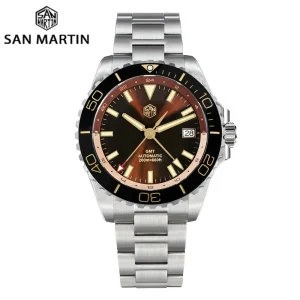 San Martin New 39mm Luxury Diver Men's GMT NH34 Sunburst Enamel Dial Stainless Steel Automatic Sapphire C3 Green Luminous SN0136