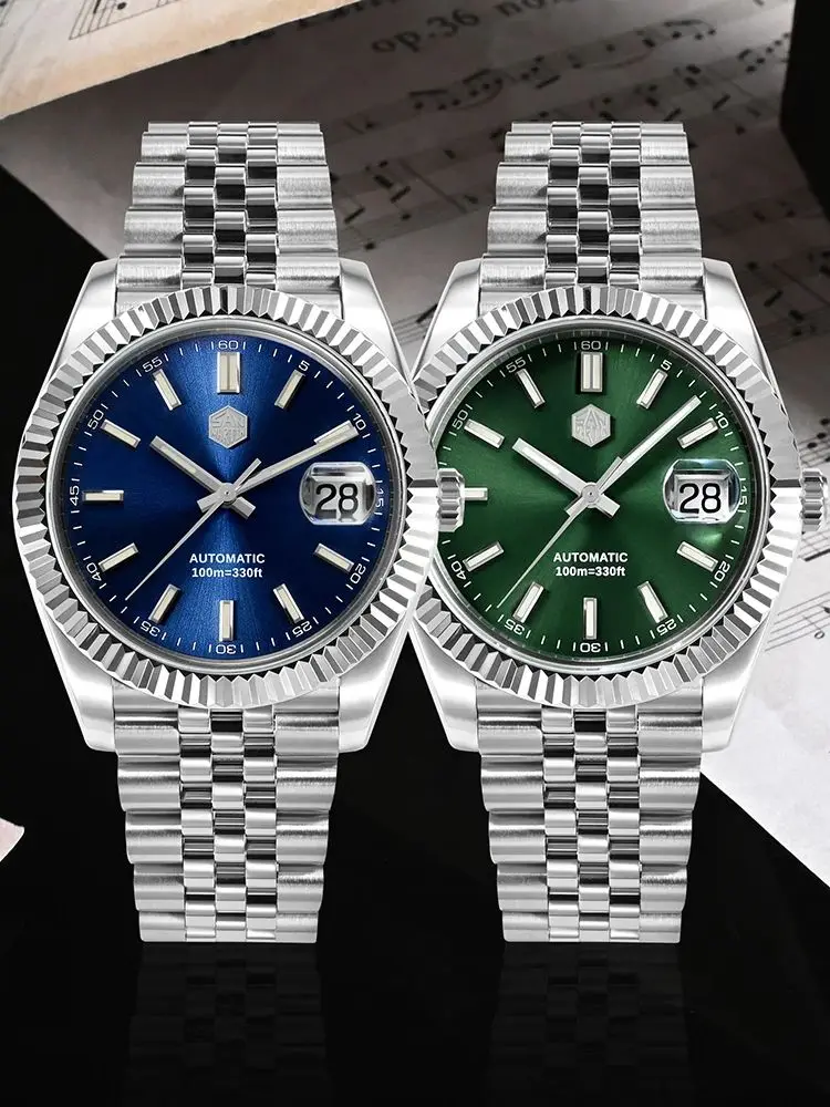 San Martin 40.5mm Retro Classic Automatic Men Mechanical Watch Business 5-Link Bracelet Sapphire Cyclops Date Swim 10Bar SN0058