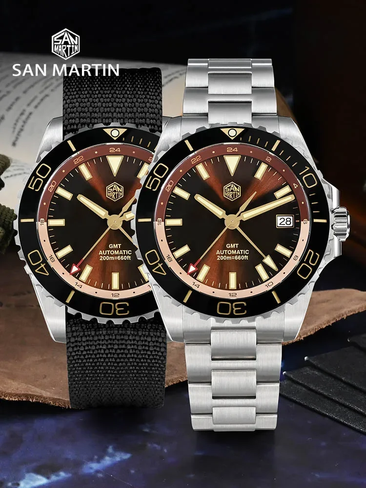 San Martin New 39mm Luxury Diver Men’s GMT NH34 Sunburst Enamel Dial Stainless Steel Automatic Sapphire C3 Green Luminous SN0136