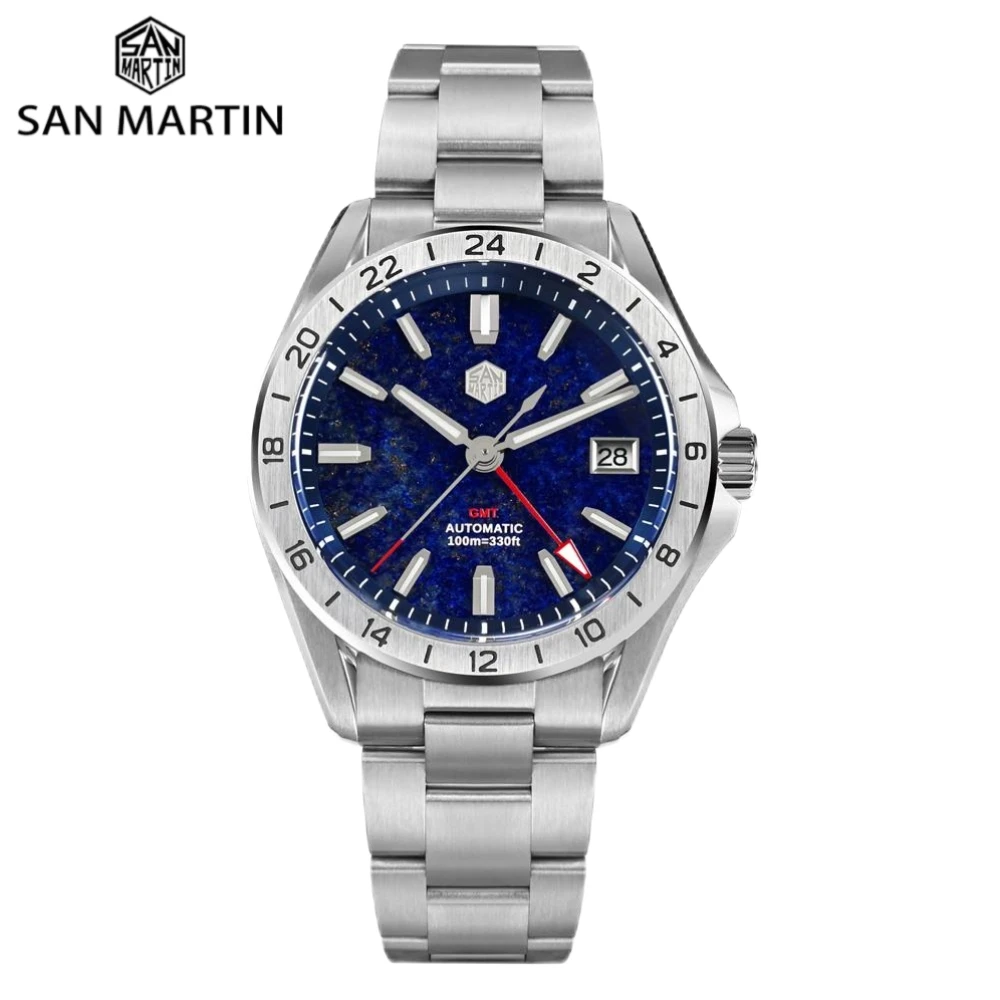 San Martin 39mm Natural Gemstone Dial Men Watch Mechanical NH34 Automatic GMT Wristwatch Luxury Sapphire BGW-X1 Swim SN0129B