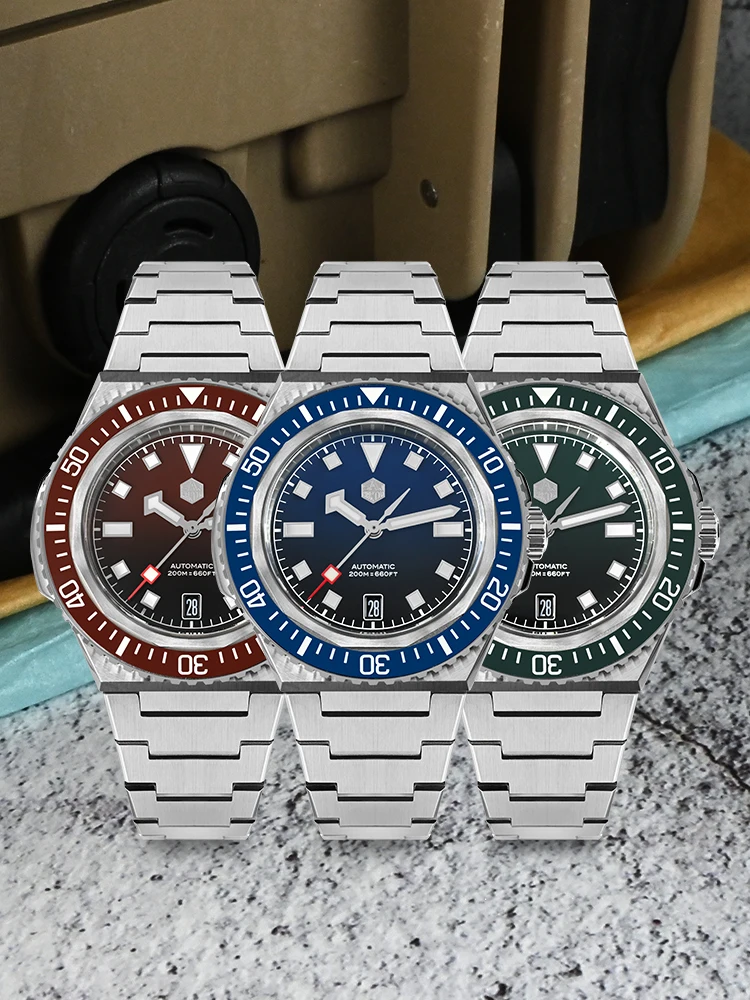 San Martin 41mm Enamel Gradient Dial Men Diving Watch Mechanical NH35 Wristwatch Monocoque Case Sports 6H 20Bar BGW-X1 SN0146