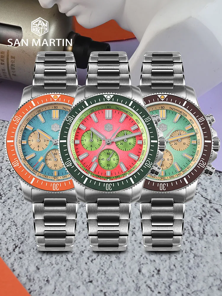 San Martin 40mm Diver Chronograph Watch Peacock SL-4801 Automatic Movement Luxury Men Mechanical Wristwatch Waterproof SN0118