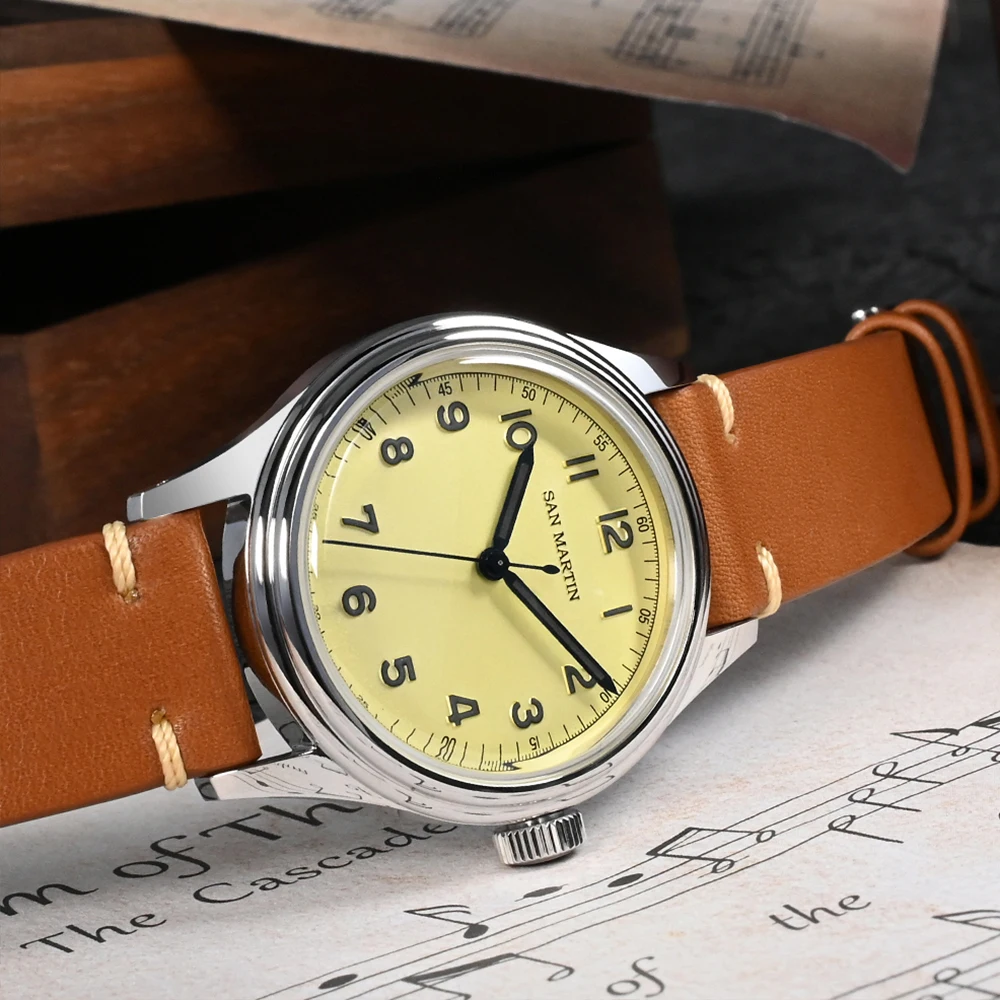 San Martin 38.5mm Vintage Pilot Watch NH35 Military Style Simple Men Automatic Mechanical Sapphire 10Bar Leather Strap SN0108