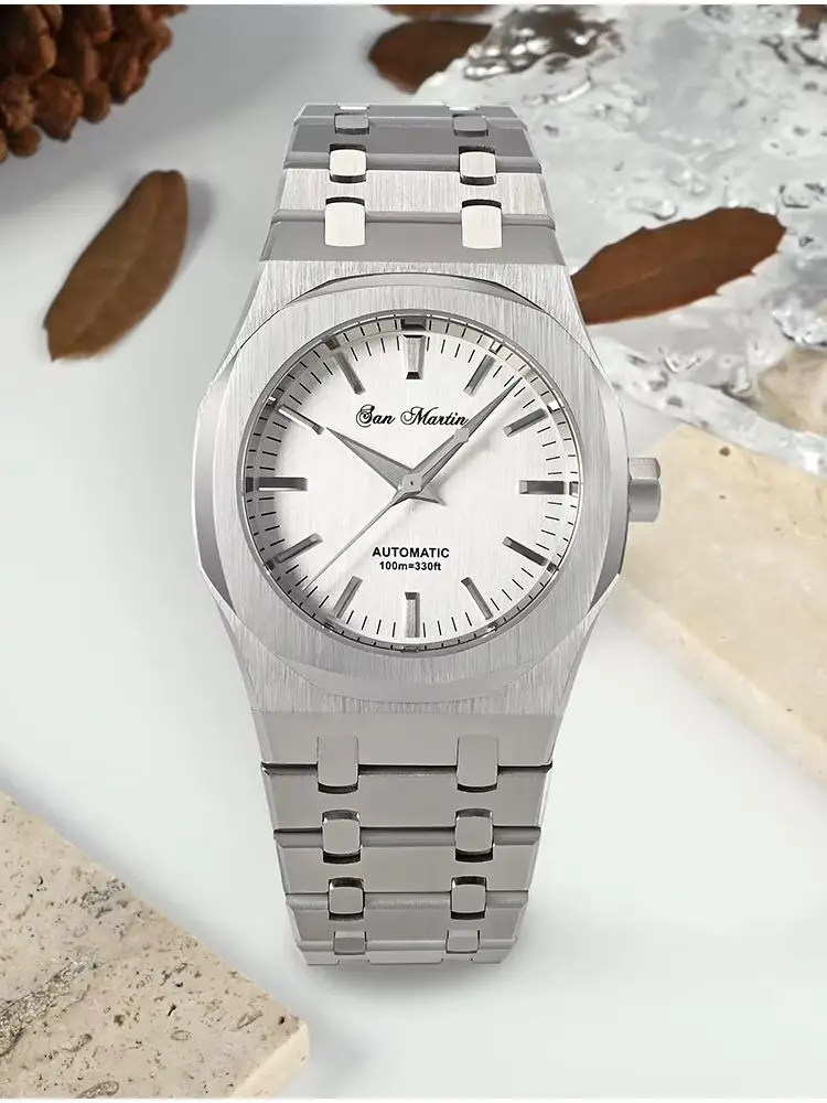 San Martin Oak 38.5mm Miyota 9015 Silver Dial Mechanical Watch For Men Self Winding Luxury Sapphire Bracelet 10Bar Sports SN0013