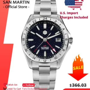San Martin 39mm Aventurine Gemstone Dial Luxury Men's Watch NH34 GMT Automatic Mechanical Sapphire Waterproof Luminous SN0129