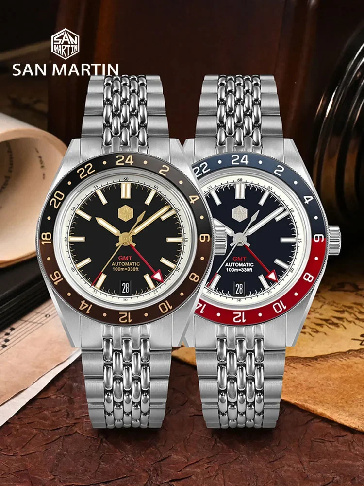 San Martin SN0116 V4 Men Watch NH34 GMT Bidirectional Aluminum Bezel Watches Automatic Mechanical Sapphire Luminous Waterproof