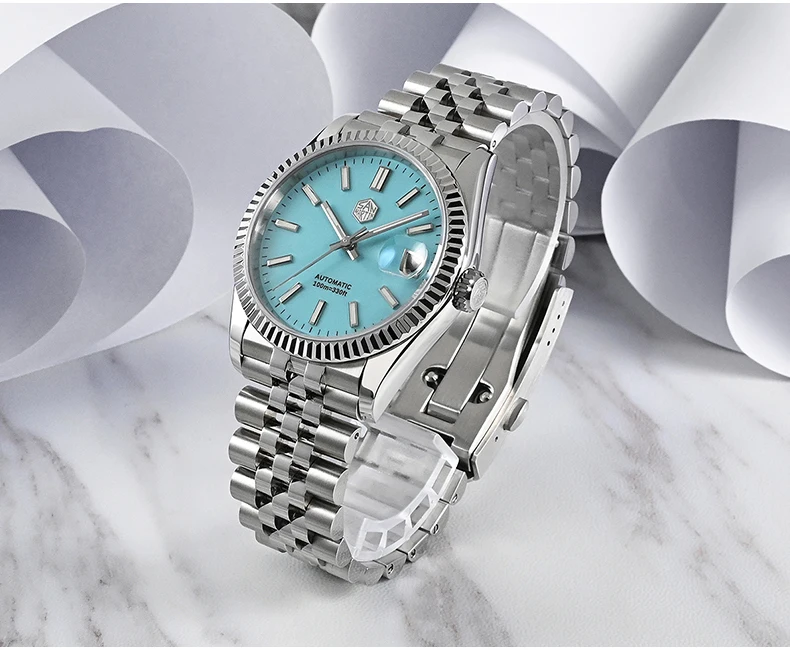 San Martin Mens Watches 36.5mm Luxury Automatic Mechanical Wristwatch 100M Waterproof BGW-9 Luminous Sapphire Steel Strap