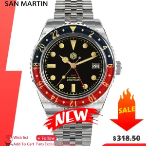 San Martin New 40mm Vintage GMT Full Luminous Bidirectional Sapphire Glass Bezel Luxury Men Automatic Mechanical Watch 20 ATM