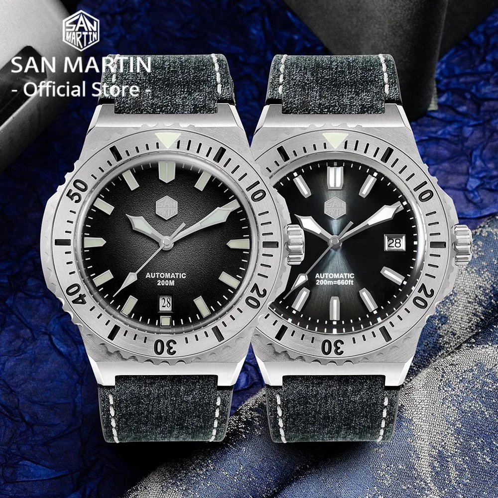 San Martin 42mm Luxury Men Diver Watch High Quality Vintage Automatic Mechanical Business Watches Sapphire Leather 20 Bar SN0055
