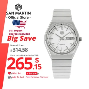 San Martin Men Dress Watch 37mm Luxury Fashion ST2100 Automatic Mechanical Sports Business Sapphire Grid Dial Date & Day Window
