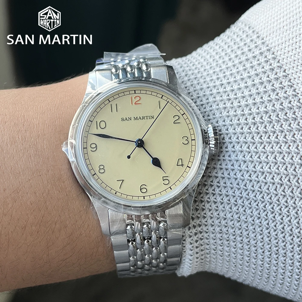 San Martin 38.5mm Stainless Steel Retro Pilot Watch NH35 Simple Military Style Men Automatic Mechanical Wristwatch 10Bar SN0105
